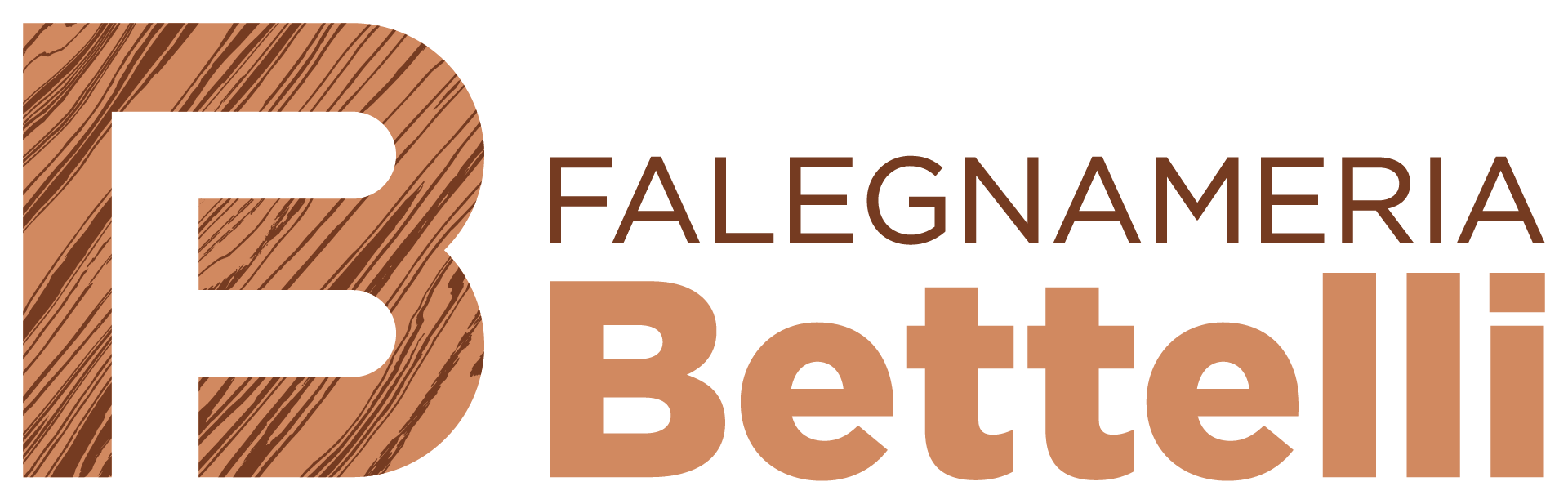 Logo della Falegnameria Bettelli con lettera B stilizzata in legno e nome dell'azienda in marrone.