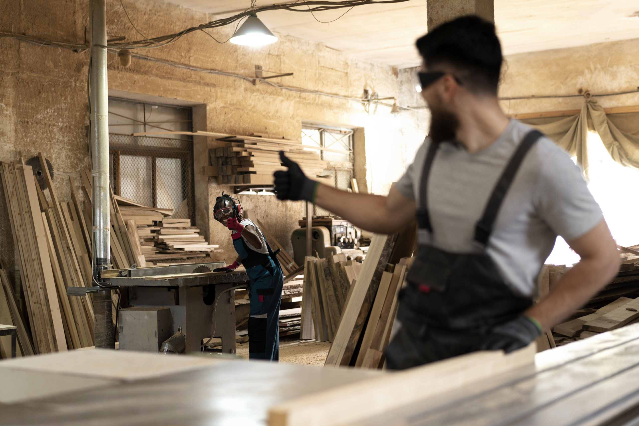 Falegname in officina misura un pezzo di legno con metro a nastro mentre un collega lavora sullo sfondo tra assi e attrezzi.